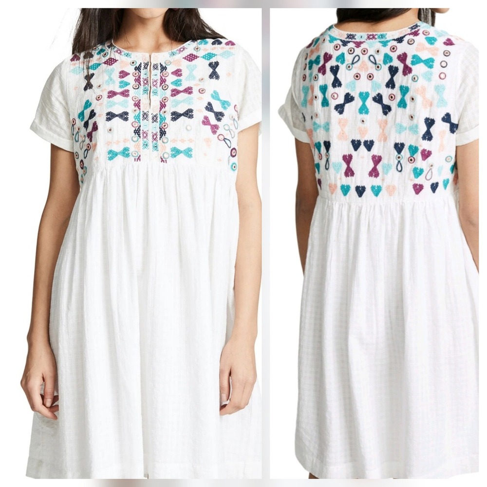 Roller Rabbit Faith Embroidered Mirror Dress White Cotton Short Sleeve Small‎